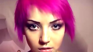 Purple short hair tattoo webcam dildo
