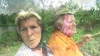 Grandpa fucks busty granny and teen outdoor