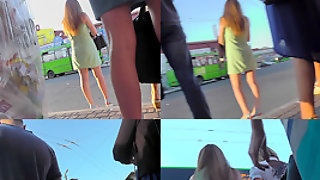 G-string upskirt footage of a redhead on a bus stop