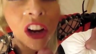 Horny blonde smokin sluts toy pussy and suck cock for facial