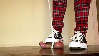 Cock box trampling by black Converse with cock on doggy lead