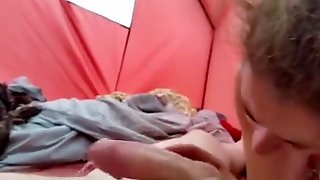 Mousy blonde milf fucked to a creampie finish in a tent