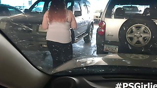 Spying perv jerks off watching BBW in parking lot