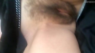 Shooting a load on her hairy pussy before she goes to work