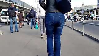 Milf ass in black leather jacket