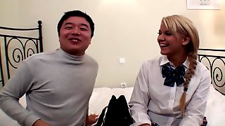 Asian men pleasures fucking young blonde chick in mouth and pussy