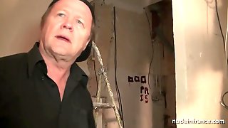 Old cock and young cock fuck French mature and spray her face with cum in 3some