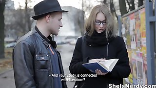 Lucky Dude With Skinny Nerdy Girl Share Love For Books And Sex