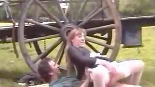 French maid in stockings fucks on a farm with huge cumshot