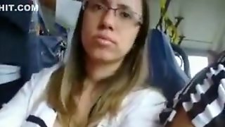 Big tits brunette chick in glasses at the bus