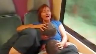 Two friends eat out redheaded milf on the train