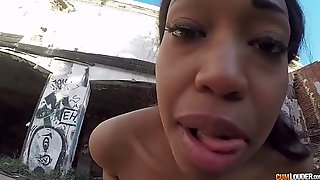 Dark haired black beauty sucks and gets fucked on the street