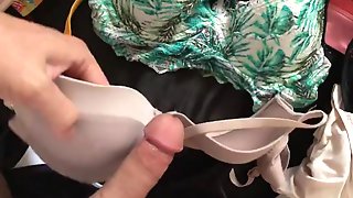 Playing with bras and bikinis cum in shoes