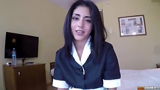 A guy filmed a young Latina maid sucking and fucking his cock in POV