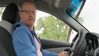 Verbal dad jerks off in parked car