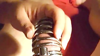 Hubby Pushed in Small Chastity Cage, Hotwife cums with Dildo