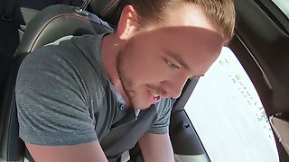 A sexy mom with big juicy tits gives blowjob in the car before a fuck