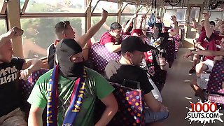 Exciting public porn: gangbang orgy on football fan bus