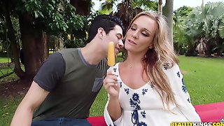 Blonde milf Tucker Pierce gets shaved pussy licked and fucked by young guy