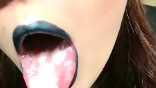 Blue lipstick closeup blowjob, cum on tongue, swallow