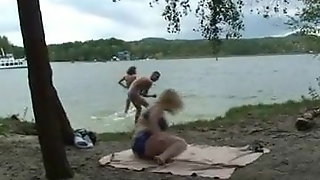 Old blonde granny and boys teen outdoor threesome