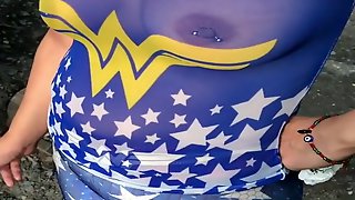 A day with wife in see through wonder women shirt and leggings