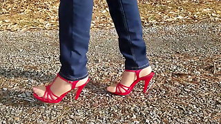 Crossdresser walking in pantyhose and high heels Pt1