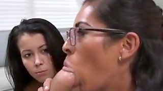 Teen Sucks Cock With Stepmom Tutoring Her Technique
