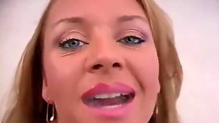 Janet Mason with beautifull eyes gives pov blowjob and sucks all cum out