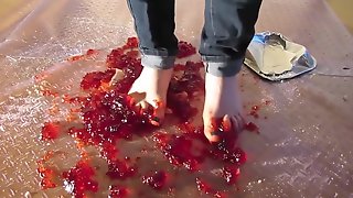 Crushing Jello and fruit barefoot