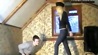 Clothed russian blonde ballbusting