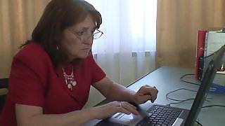 Old redhead office granny swallows two cocks at once