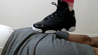 Shoejob teasing in Air Jordans and knee high socks