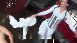 Mistress whipping white catsuit Boots