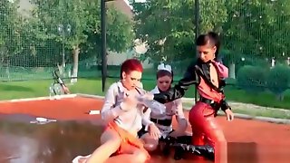 Nasty lesbian three-way fun outside