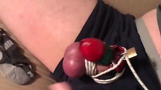 Swollen tied blue balls in Chastity Cage, Part 1