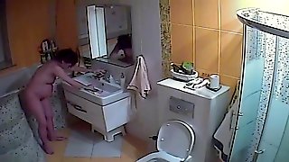 Pregnant wife in toilet treats pussy