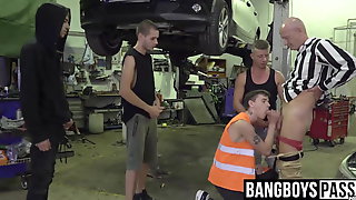 Mature man bent over and drilled by car shop workers