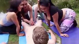 CFNM Four Yoga student girls jerking dick outdoor