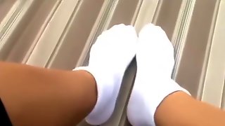 Hot brunette wearing and playing in sexy white cuff socks pov