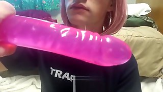 Deepthroating and gagging on huge dildo