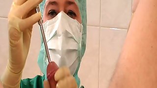 Masked nurse make a peehole sounding