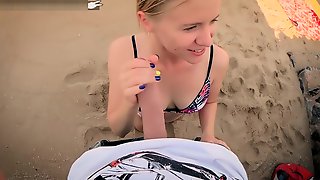 Blowjob on the beach - doggystyle in swimsuit - sexy teen sucks big cock