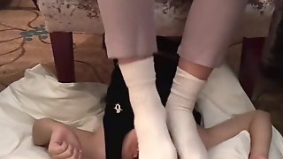 Lesbian dirty white cotton socks trampling