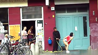 Big tits slave gangbang fucked in public