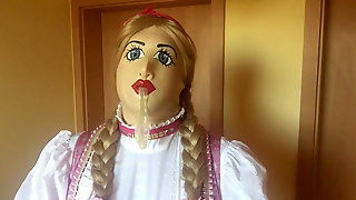 Shemale Dirndl sucks cum out of condom