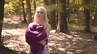 Sweet blonde jumps right on strangers dick in wood