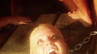 Three dominant blonde babes get fucked hard by four slaves