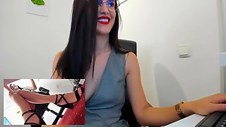Flirty brunette babe has webcam sex chat in office