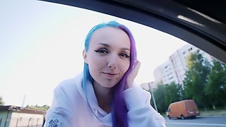 Cute alt girl with blue hair and sexy smile fucks for cash